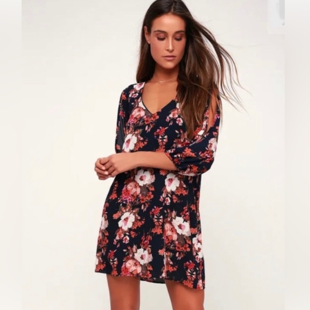 Lulus Shift Dress Cold Shoulder Sleeves Floral Medium